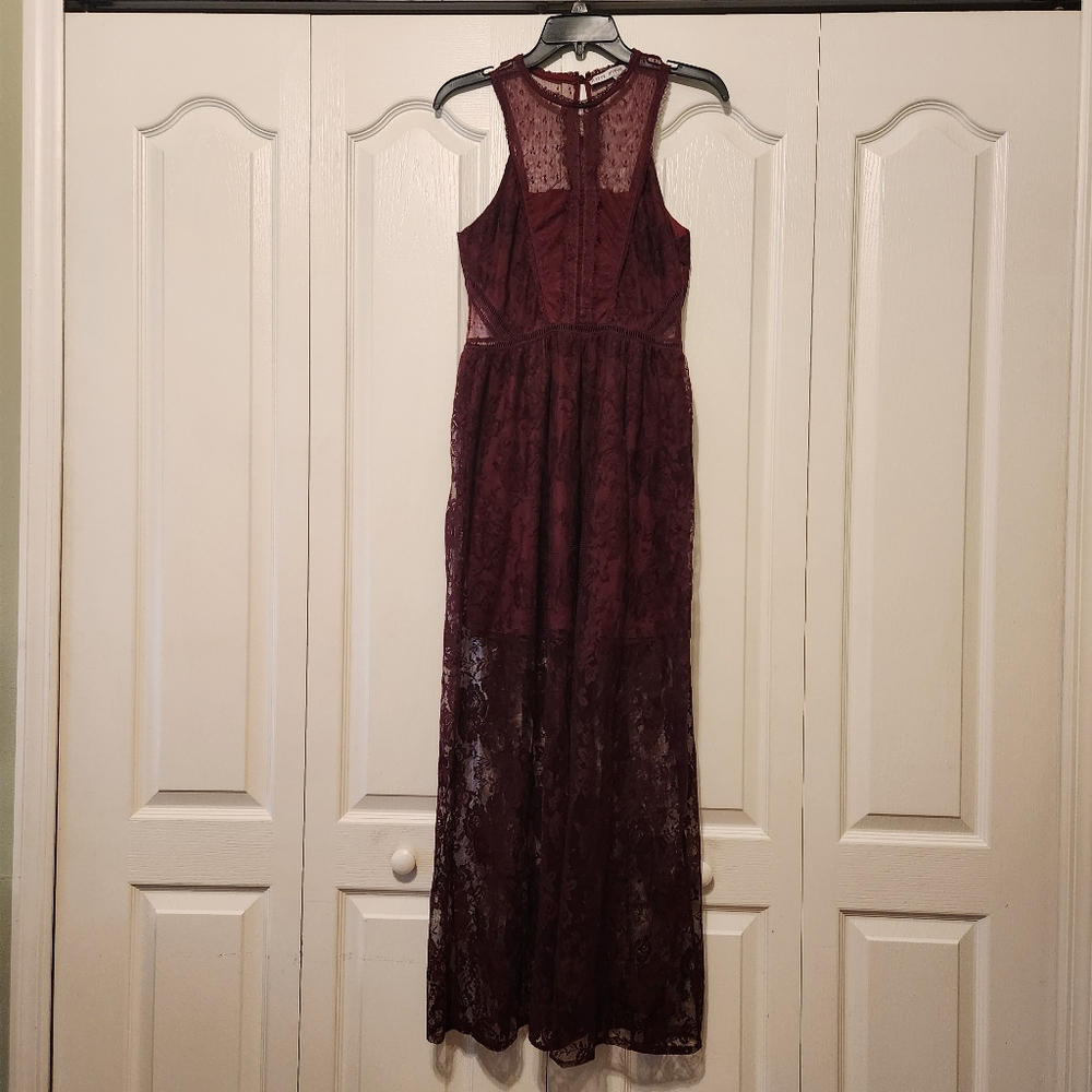 HYFTE Burgundy High Neck Sleeveless Maxi L Goth Whimsygoth Sheer lace mesh